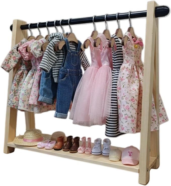 Wooden Doll Clothes Rack with 10 Mini Hangers & Storage Shelf - Portable Wardrobe Closet for 6-16 inch Mini Dolls Accessories,Clothes,Shoes,Bags