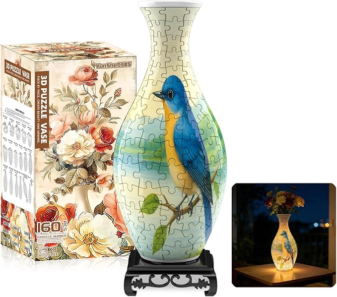 3D Puzzles Vase for Adults, Crafts for Adults, 160 Pieces Plastic DIY Unique Flower Vase with LED Light House Warming Gift Birthday Gifts for Flower Arrangements and Home Decor (Bird)