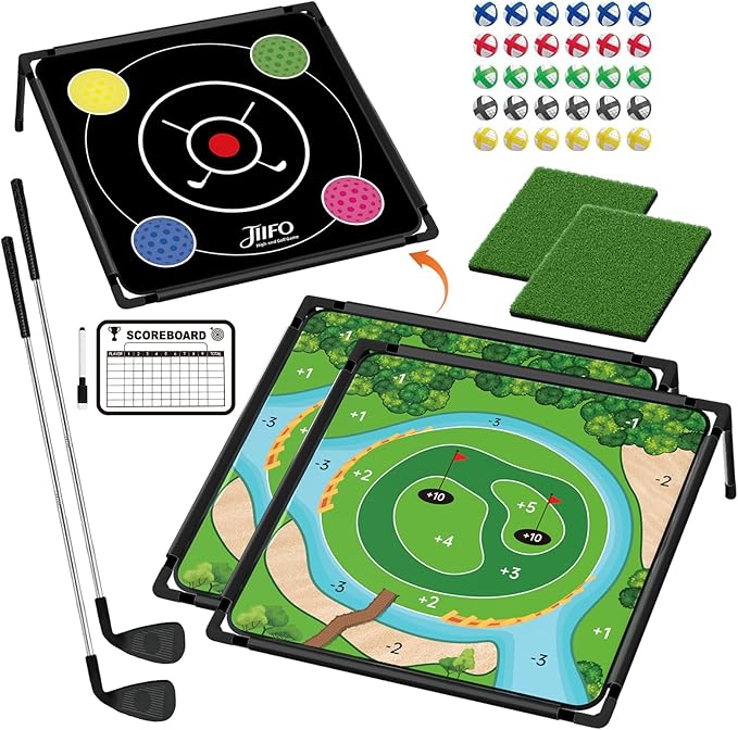 Golf Chipping Game Set Double-Sided, (2 Pack) Golf Practice Target Mat with 30 Sticky Balls & 2 Golf Clubs- Portable Indoor-Outdoor Chipping Golf Gift for Men, Women & Family