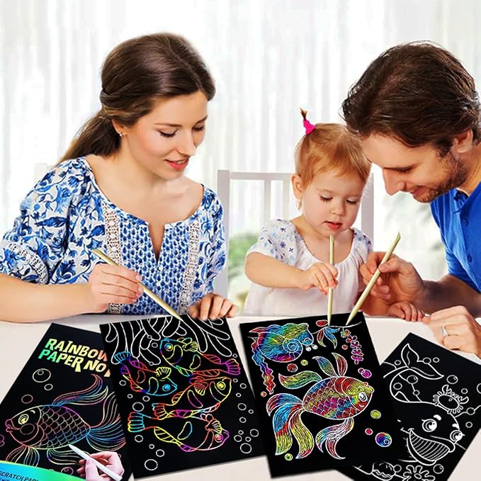 JUNQIU Scratch Art for Kids, Rainbow Scratch Paper Art Set - Ocean, Arts and Crafts for Girls Boys Ages 4-8, Kid Activity & Christmas Crafts, Stocking Stuffers for Kids