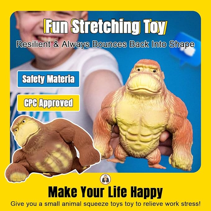 YHan Stretchy Monkey Fidget Toy Squishy Stress Relief for Kids & Adults, Stuffed Animal Plushies, Stretchable & Squeezable Sensory Toys for Anxiety Relief (Small)