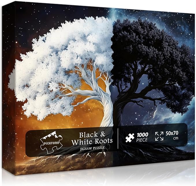 PICKFORU Tree of Life Puzzles for Adults 1000 Pieces, Fantasy Plant Black and White Puzzle, Nature Starry Night Galaxy Yingyang Jigsaw Puzzle Challenge