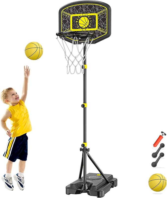 Kids Basketball Hoop GILIKOKO Adjustable Height 3.6 ft-6.2 ft Indoor Outdoor Toddler Plastic Basketball Goal Outside Yard Games Toys Gifts for Children