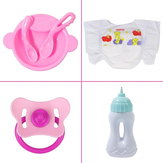 UNICORN ELEMENT 8 Pcs Baby Doll Clothes and Accessories, Baby Feeding and Caring Set with Doll Diaper Bag, Clothes, Diapers, Bottles, Pacifier, Swimsuits,Best Gift for Kids