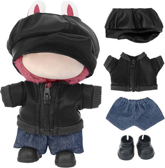17cm Doll Clothes Sets(No Doll) Black Leather Jacket Outfits Handcrafted Designer Clothes Including Hat Jacket Trousers and Shoes