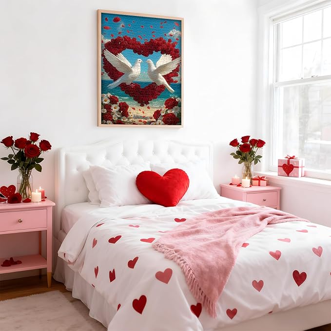 PICKFORU Flower Puzzles for Adults 1000 Piece, Heart Puzzles Beach Bird Dove Love, Rose Ocean Romantic Valentine's Day Jigsaw Puzzle