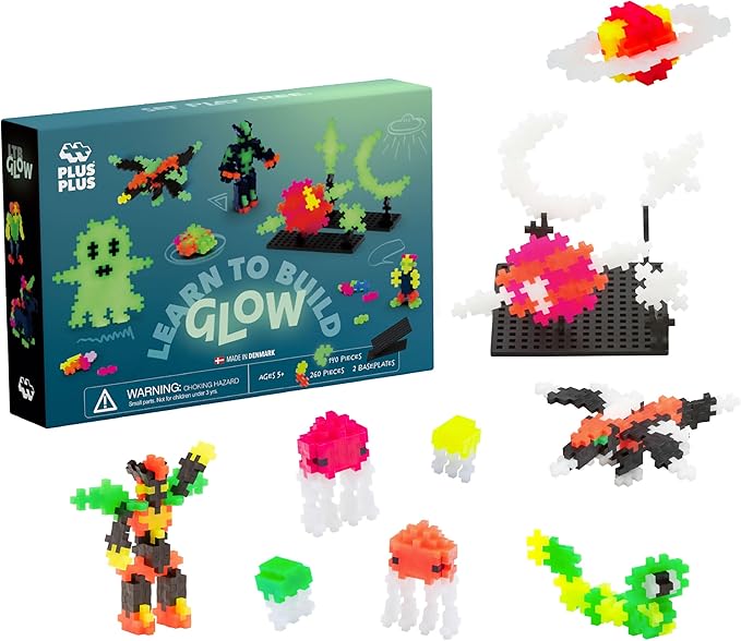 PLUS PLUS Learn to Build Set, Interlocking Mini Building Blocks, 3D Puzzle Construction Stem Toy for Kids - Glow in The Dark Mix, 400 Pieces