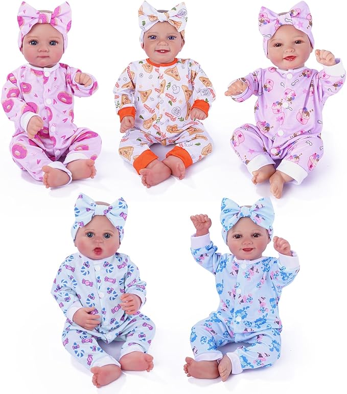 BABESIDE Reborn Baby Doll Clothes for 17-22 Inch Dolls, 5 Sets Baby Doll Clothes Outfits Accessories - Romper Suit and Headband for Boy&Girl Kids Gift