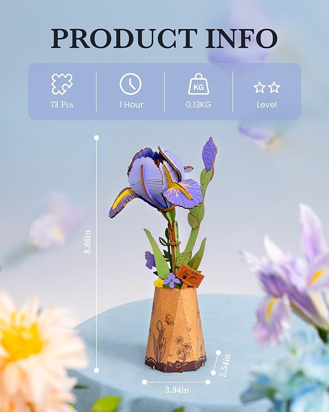 ROBOTIME Purple Iris 3D Wooden Puzzle - DIY Flower Craft Kit for Adults, Artificial Iris Model to Build, Valentine's Day Gift, Home Decor, Birthday Present