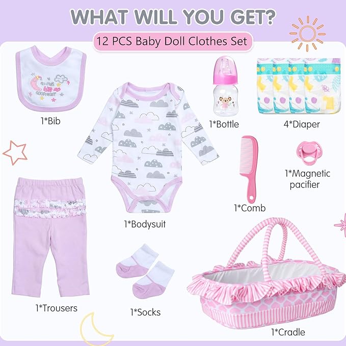 12 Pcs Reborn Baby Doll Clothes Accessories with Bassinet for 17-22 inch Newborn Babydolls Girl Reborn Dolls Accessories Pink Outfit Gift Set