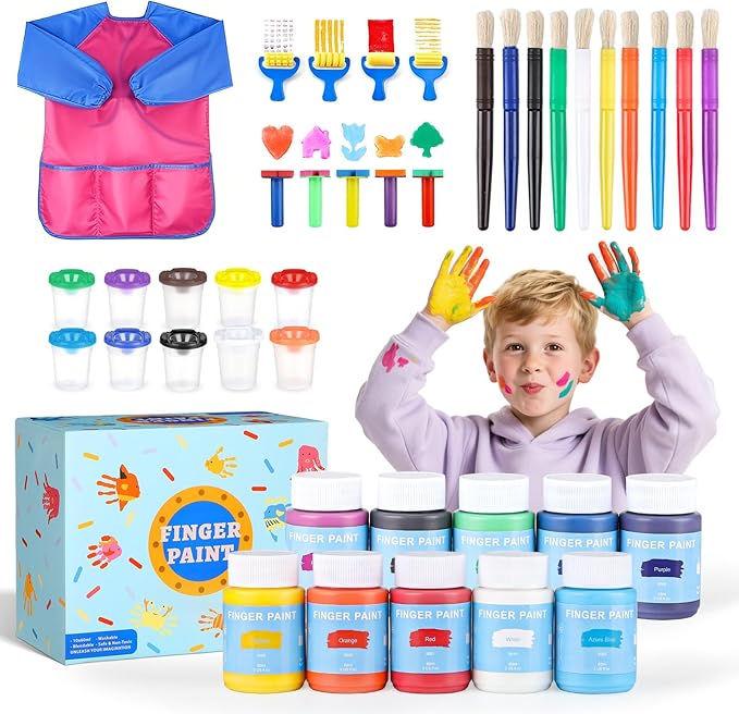 TMOL Washable Paint for Kids, 10 Colors (2 fl oz) 40 Pcs Non-Toxic Finger Paint Kit with Brushes, Sponge, Smock, Toddler Art Supplies for Painting, Craft & School Projects