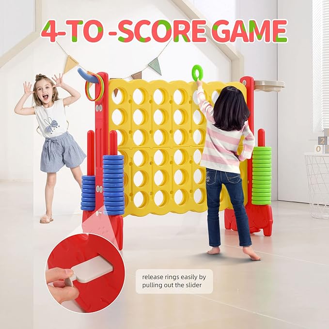 UNICOO Giant 4-in-a-Row Game with Carry Bag, 3-in-1 Jumbo 4-to-Score Outdoor Yard Game with Basketball Hoop, Ring Toss, Quick-Release Slider, 42 Rings, Family Party Game for Kids & Adults