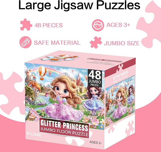 Jumbo Floor Puzzle for Kids,48 Piece Princess Large Jigsaw Puzzles,Puzzle for Toddler Ages 3-5,Preschool Educational Intellectual Development Toy Easter Gift for Boys & Girls Ages 4-8