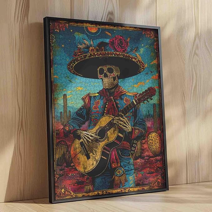 Halloween Skull Play Guiter Puzzles for Adult 1000 Piece Men Skeleton Day of The Dead Art Puzzles for Challenging Family Activity Game Colorful DIY Puzzle Musical Instrument Wall Decor Gifts