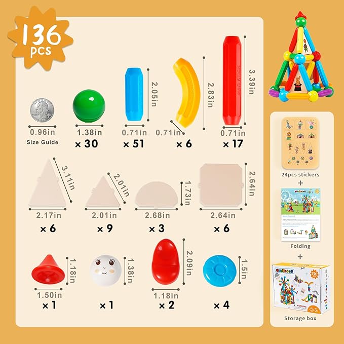 MAGBLOCK 136PCS Magnetic Sticks Toy Building Blocks Capable of Interconnection Magnet Tiles Balls Construction STEM Educational Learning Toys for 3+ Year Old Boys & Girls - Ideal Children's Gift Set