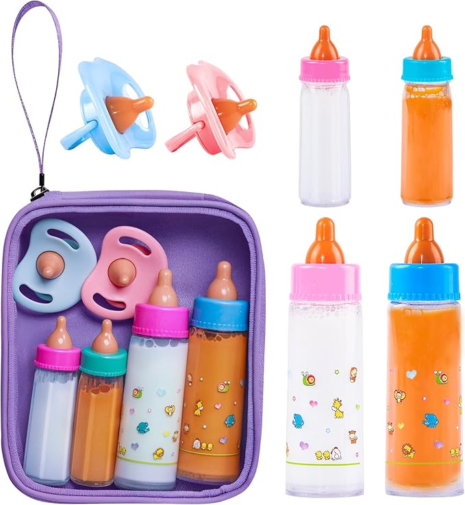 SCOM Baby Doll Bottle Accessories - 6 Pcs Feeding Bottle Toys, Magic Disappearing Milk & Juice, Pretend Play Set with Pacifiers Kids Gift Light Purple
