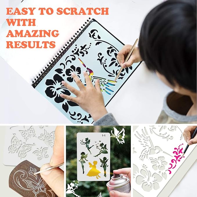 Mocoosy 3 Pack Rainbow Scratch Art Paper Notebooks, Spiral Bound Magic Scratch Pads for Kids Arts Crafts Supplies, Black Sketch Note Coloring Activity Book Easter Basket Stuffer Gifts for Girls Boys