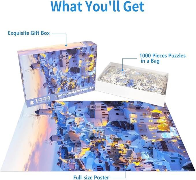 1000 Piece Puzzle for Adults Santorini Landscape Puzzles for Adults 1000 Pieces Skyline Sunset Jigsaw Puzzles 1000 Pieces Greece Buildings Puzzle Scenery Puzzles for Adults Teens Seniors
