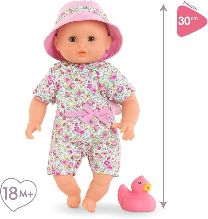 Ma Premiere Poupee Bath Baby Coralie, Soft Body Bath Doll with Bath Toy, Sleeping Eyes, Vanilla Scent, Removable Dresses, 30 cm, from 18 Months