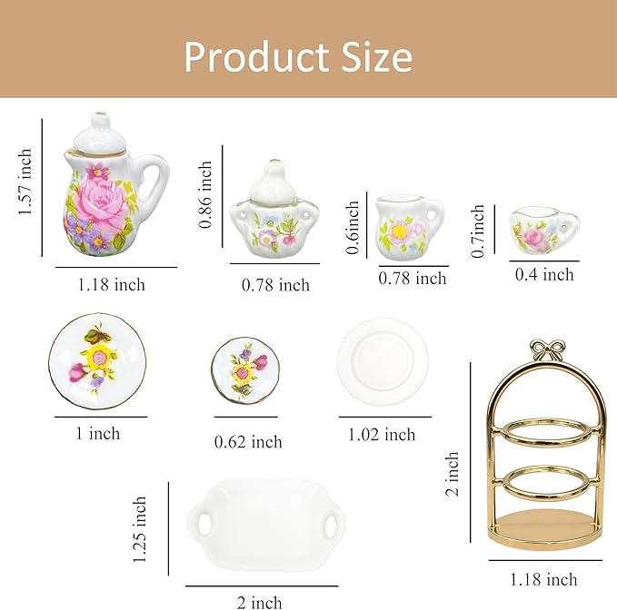 1:12 Miniature Dollhouse Porcelain Tea Cup Set 42 pcs, Kitchen Accessories Including Teapot Cup Plates, Knifes and Forks, Cakes and Desserts and a Cake Stand