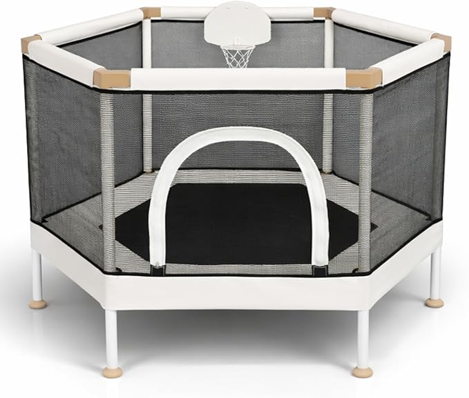 Kids Trampoline, Aesthetic Indoor and Outdoor Toddler Trampoline with Safety Net, Basketball Hoop, 220lb Capacity, Ultra Safe No-Gap Design, Gifts for Boys & Girls