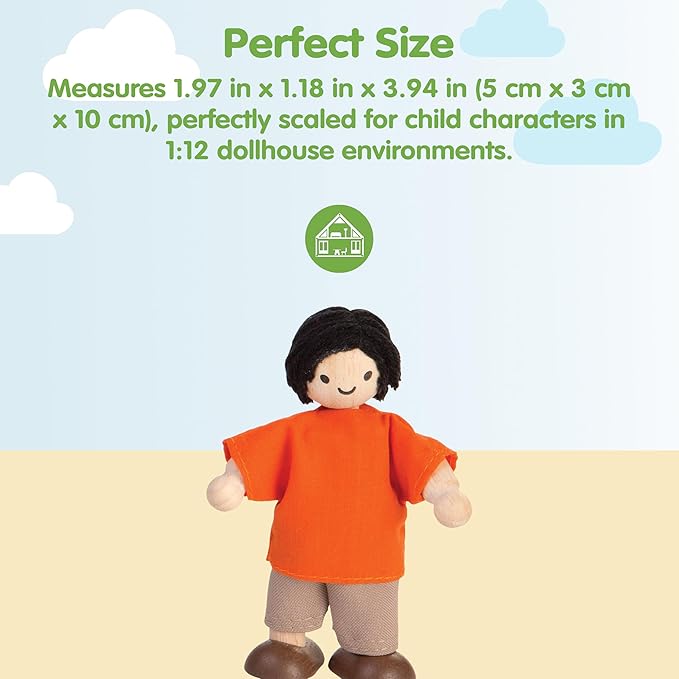 PlanToys® Boy Wooden Dollhouse Figurine | Poseable 1:12 Scale Mini Doll (4 Inch) | Dollhouse Accessories for Pretend Play | Eco-Friendly Montessori Toy for Kids Ages 3+