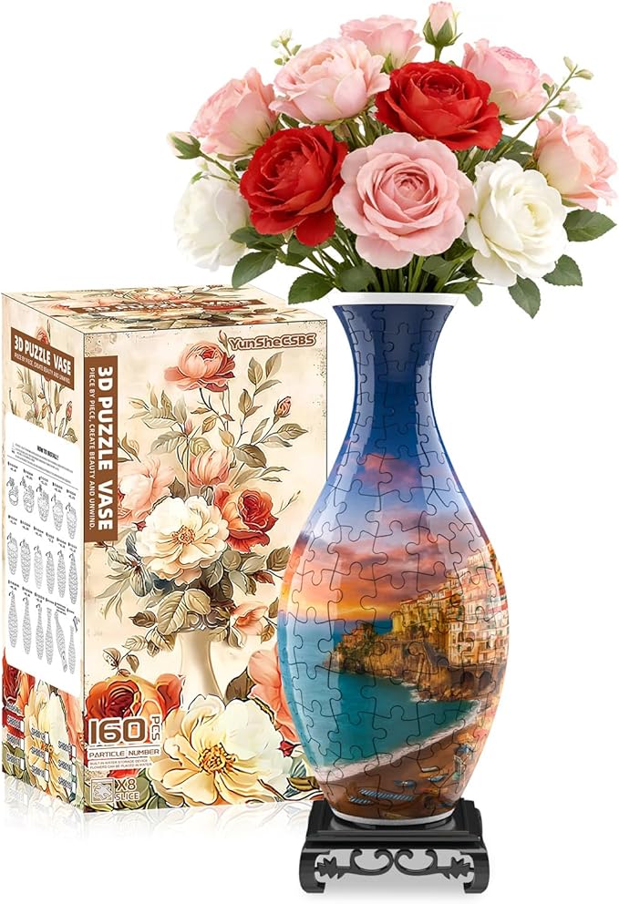3D Puzzles Vase for Adults, Crafts for Adults, 160 Pieces Plastic DIY Unique Flower Vase with LED Light House Warming Gift Birthday Gifts for Flower Arrangements and Home Decor (Sea and House)