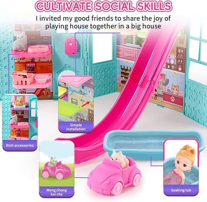 Doll Pets House, Doll Playset with Cats, Furniture, Pet Bowl, Cat Litter Box, Pool Accessories, DIY Pretend Toys for 3 4 5 6 7 8 9 10 Year Old Kids