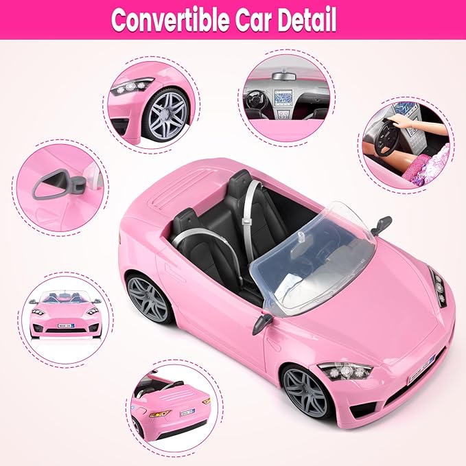 76 Pcs Doll & Convertible Car Playset,Included 11.5 in Dol-l,Car,Princess Dresses,Fashion Dresses,Casual Clothing,Swimsuits,Bags,Shoes,Doll Playset,Doll Dress up Toys for Girls Kids Toddlers Gifts