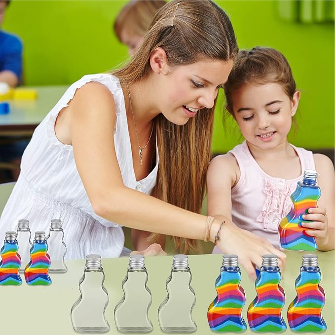 Nuenen 50 Pcs Sand Art Bottles Bulk with Funnels Plastic Wave Shaped Sand Art Containers for DIY Craft Party Supplies(Silver Lid)