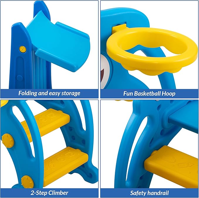 TOBBI Kids Slide for Indoor and Outdoor, Freestanding Slide for Toddler Playground Slipping Slide Climber Toy Playset with Basketball Hoop & Ball, Sky Blue