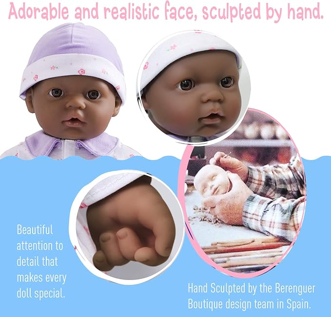 JC Toys African American 16-inch Medium Soft Body Baby Doll La Baby | Washable |Removable Purple Outfit w/ Hat and Pacifier | for Children 12 Months +, 16 inches