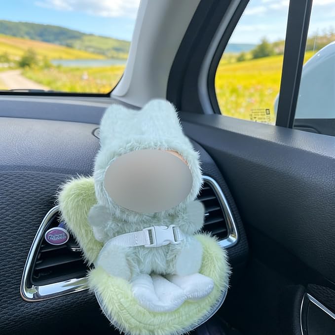Doll Car Seat for 3–8 inch Figures, Fits Character Plushes, Blind Box Dolls & Vinyl Collectibles, Includes Air Vent Clip & Desktop Stand, Cute Car Ornament for Collectors (White)