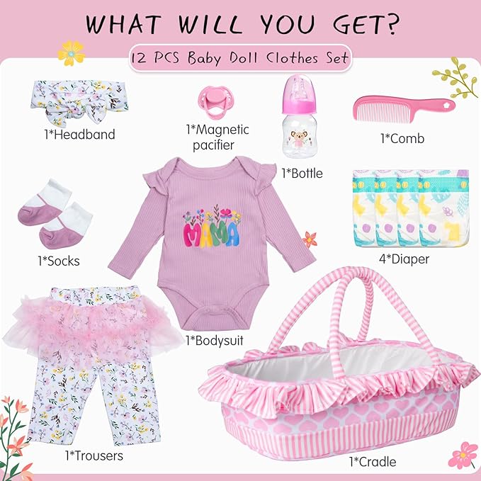 12 Pieces Reborn Baby Doll Clothes with Heart Bassinet & Diapers Accessories Set fit 17-24 Inch Girl Dolls Outdoor Dressing Outfit