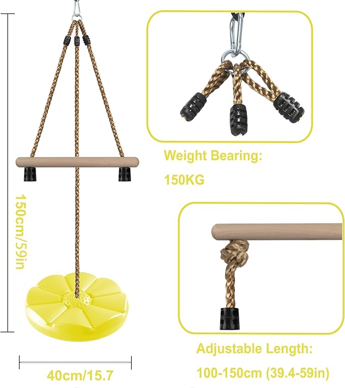 KINSPORY Disc Swing for Kids, Swing Set Accessories, 7FT Height Adjustable Gym Monkey Bars, Hanging Tree Seat for Backyard, Outdoor Play Equipment (Yellow)