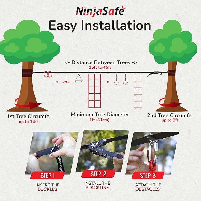 Ninja Obstacle Course for Kids Backyard - 10 Durable Obstacles and 15m Slackline - Outdoor Playset Equipment for Girls & Boys with Climbing Net & Ladder, Wheel, Warrior Gymnastics & Monkey Bars