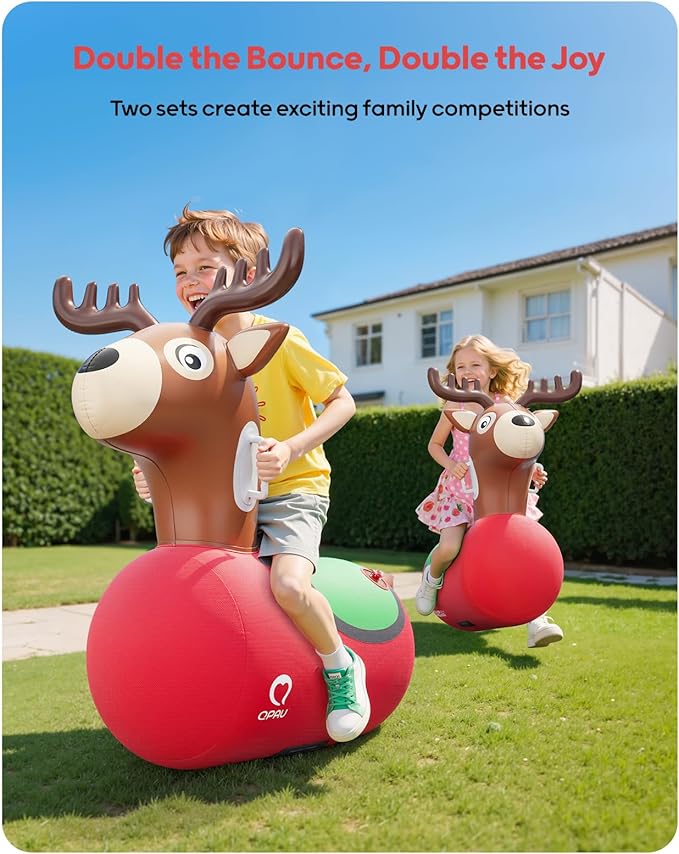 QPAU 2 Pack Large Inflatable Reindeer Hopper Bouncy Toy, 250lbs High Capacity Ride-on Animal for Kids & Adults, Soft Fabric Cover & Pump, Durable Puncture-Resistant Bouncer for Family Party Gift