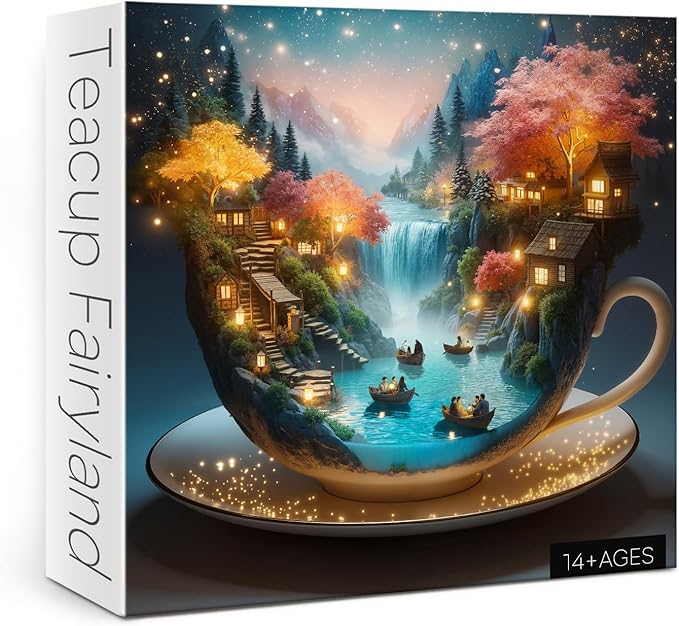 Fantasy Teacup Landscape Puzzles for Adults 1000 Pieces, Magic Starry Night Jigsaw Puzzle, Cottage Waterfall Boat Puzzle