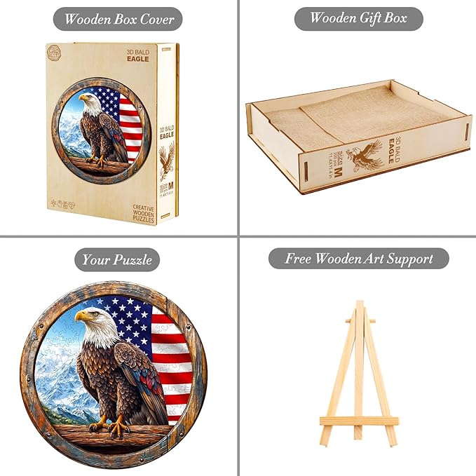 KAAYEE Wooden Puzzles for Adults, 3D Vision Effect Bald Eagle Wooden Jigsaw Puzzle Unique Shape Wood Puzzle Adult, Flat Puzzle Birthday Fathers Family Game (M-11.4 * 11.4in-200pcs)
