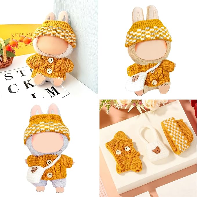 17cm Doll Clothes Set for Lububu, Designer Hand-Crocheted Yellow Sweater Outfit with Hat & Crossbody Bag Accessories,Cute Clothing for 15cm Have a Seat Series Dolls Dress -Up Display