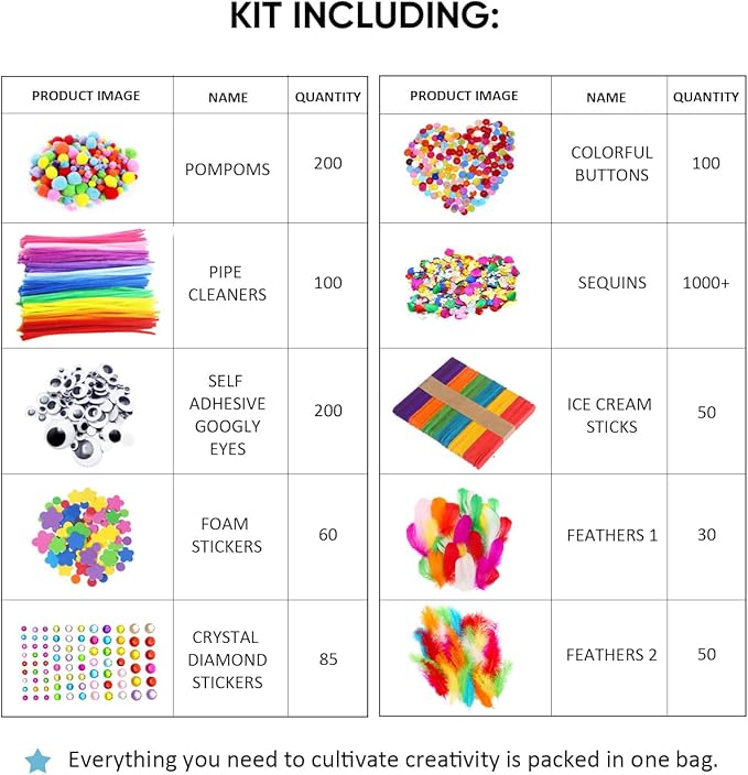 CH HAICHENG Arts and Crafts Supplies Including Feathers, Pipe Cleaners, Wiggle Googly Eyes, Pom Poms, Buttons, Ice Cream Sticks, Sequins and So On Supplies Crafts
