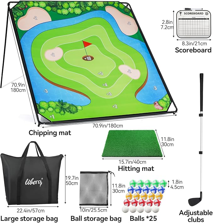 Liberry Golf Chipping Game with Large Chipping Mat, Upgraded Adjustable Golf Club, 25 Sticky Balls, Outdoor Indoor Sports Toy Gifts for Adults Kids, Family Yard Target Game