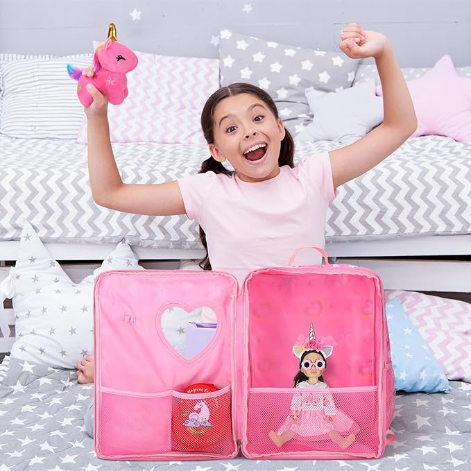 Wettarn 18 Inch Doll Carrier Set with Clothes and Accessories Including Doll Travel Bag, Dress, Shoes, Sunglasses, Backpack and Unicorn for Unicorn Birthday Gift (Cute,Red)