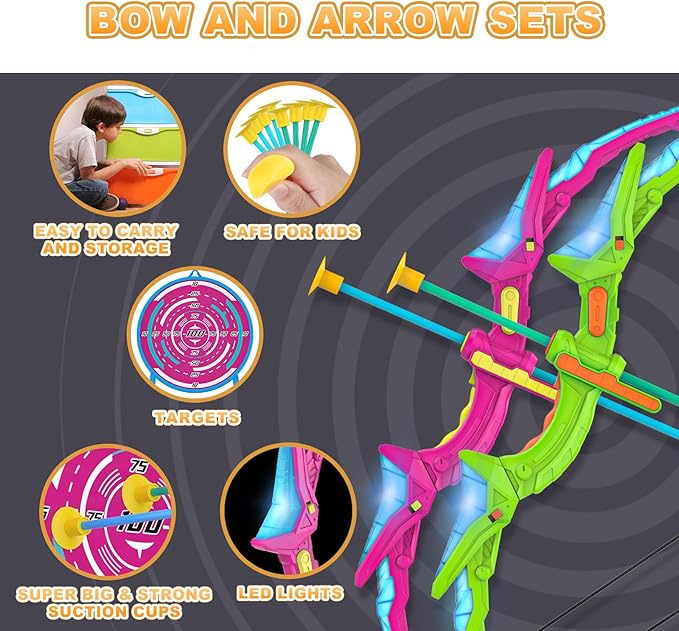 2 Pack Kids Bow and Arrow Set with LED Flash Lights, 14 Suction Cup Arrows and Standing Target-Perfect Indoor and Outdoor Archery Set Toy Gift for Boys and Girls Ages 4-12