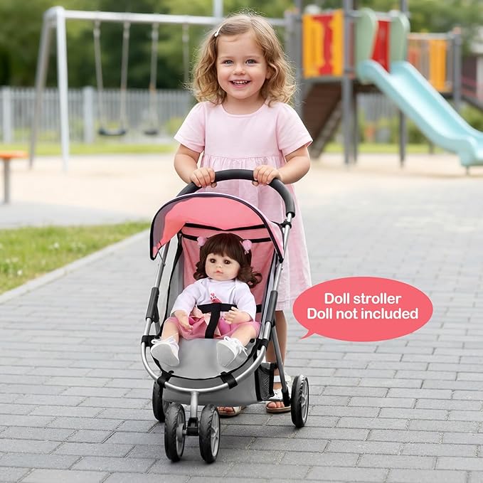 GAGAKU Baby Doll Stroller, Toy Stroller with Canopy, Double Front Wheels, Storage Basket & Adjustable Belt, Lightweight Pretend Play Stroller for Kids Ages 3+, Pink/Gray