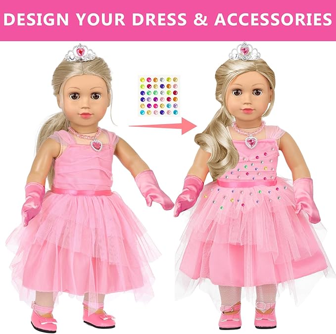 American 18 inch Girl Doll Clothes and Accessories - Princess Dress, Crown, Necklace, Lipstick, Makeup Palette, Nail Kit, Satchel, Gloves, Shoes, Sticky Rhinestones,Hair (No Doll)