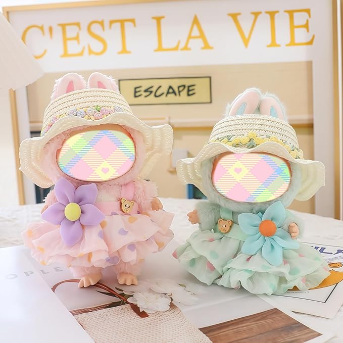 Clothes for Lu bubu 17cm Dolls Accessories (No Doll), Kawaii Hat Skirt Outfit Set 3 Pieces for 17cm Dolls Suit, Stylish Flower Doll Hat Clothing Set Replacement Green