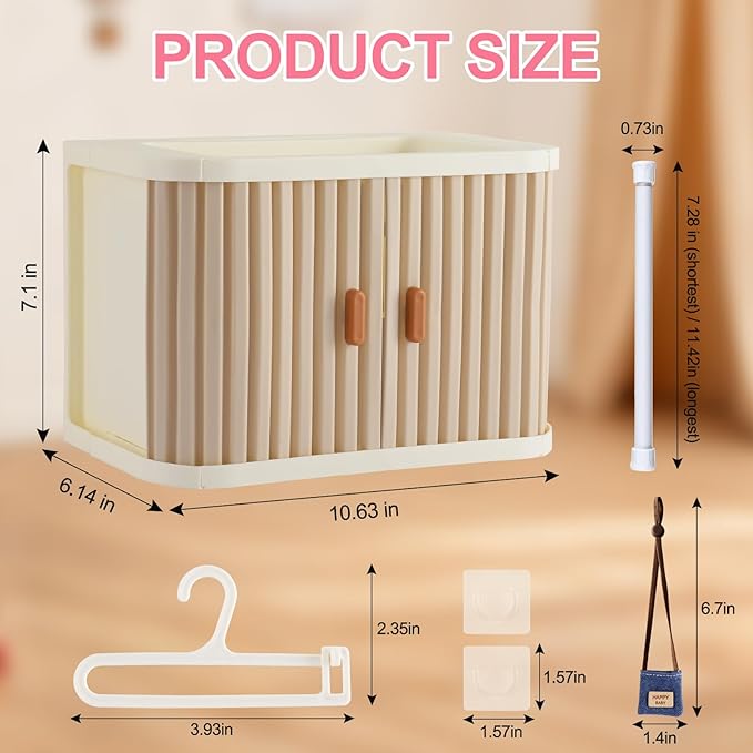 Foldable Doll Wardrobe Closet for Labubu Clothing - Double Sliding Door Stackable Storage Box for 4-7 Inch Doll Clothes, Large Capacity Doll Clothes Organizer with 10 Hangers & Rod (Gray)