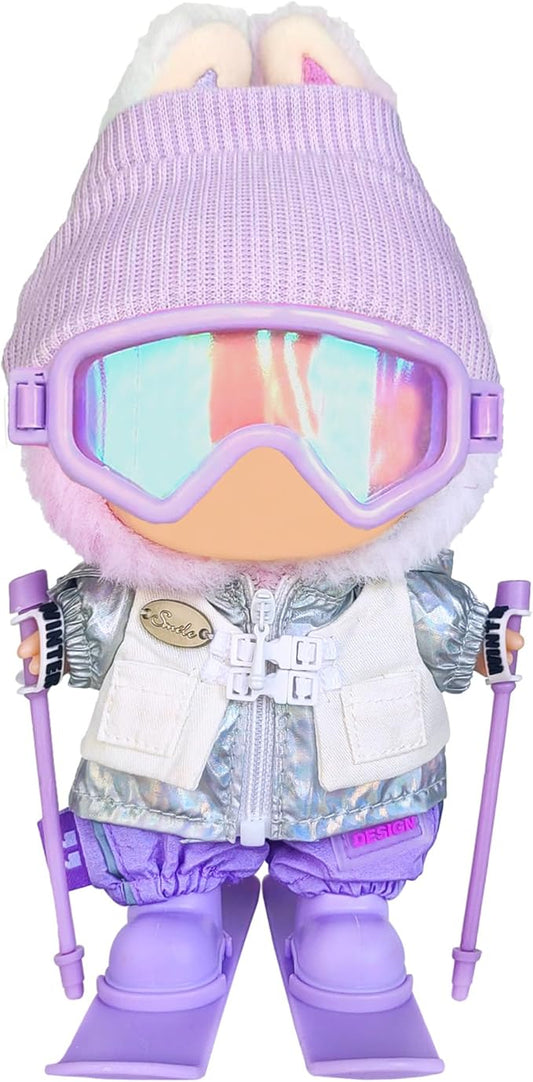 17cm Doll Clothes and Accessories Set for Lububu- Winter Snow Sports-Themed Ski Outfits with Hat, Jacket, Pants, Mini Poles, Goggles & Skiing Board, Designer Clothing for Macaron Doll(Purple)