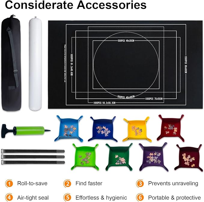 Large Puzzle Roll Up Mat with 8 Sorting Trays & Air Pump System, 46x26 Inch Portable Puzzle Storage Mat for 500 to 1500 Piece Puzzles, Includes Storage Bag